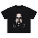 Lauryn Hill Iconic Gaze T Shirt featuring a monochrome portrait of Lauryn Hill looking upward with hoop earrings