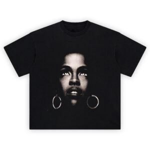 Lauryn Hill Iconic Gaze T Shirt featuring a monochrome portrait of Lauryn Hill looking upward with hoop earrings