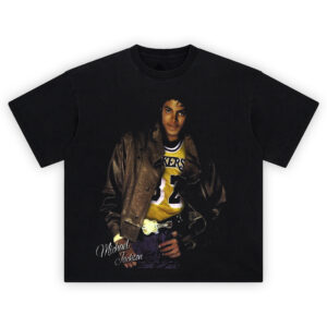 Michael Jackson Lakers Vibe T Shirt featuring Michael Jackson in a Lakers jersey and leather jacket
