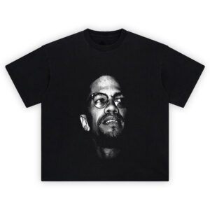 Malcolm X Power Portrait T Shirt with bold black and white halftone design of Malcolm X