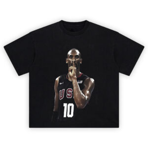 Kobe Bryant USA 10 T Shirt featuring Kobe in black USA jersey with finger to lips silencing the crowd
