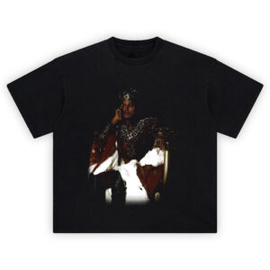 Michael Jackson King of Pop Royal Throne T Shirt featuring MJ sitting on a throne in regal robes and crown