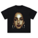 Sade Golden Era T Shirt featuring a halftone portrait of Sade with gold hoop earrings and minimal expression