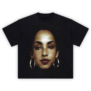 Sade Golden Era T Shirt featuring a halftone portrait of Sade with gold hoop earrings and minimal expression