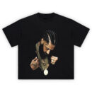 The Marathon Nipsey Hussle T Shirt featuring a reflective pose of Nipsey Hussle with braids, tattoos, and layered gold chains