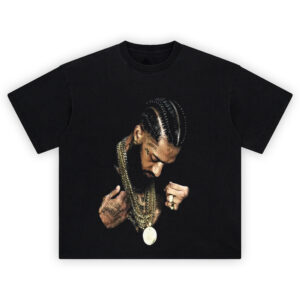 The Marathon Nipsey Hussle T Shirt featuring a reflective pose of Nipsey Hussle with braids, tattoos, and layered gold chains