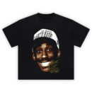 Kobe Bryant Shirt with smiling rookie portrait, Lakers cap, and gold script signature on black