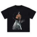 Chris Brown Shirt with side-profile cap, halftone denim jacket, and white signature on black