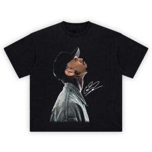 Chris Brown Shirt with side-profile cap, halftone denim jacket, and white signature on black