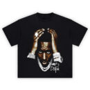 Young Dolph Shirt with halftone portrait, stacked chains, bracelets, star ring, watch, and white signature on black