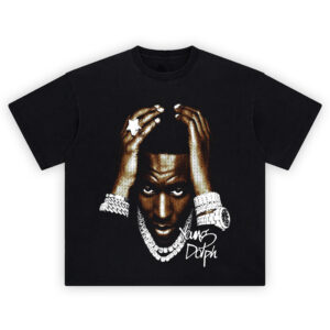 Young Dolph Shirt with halftone portrait, stacked chains, bracelets, star ring, watch, and white signature on black