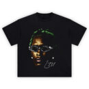 Young Thug Shirt with neon green dreads, chrome oval shades, halftone portrait, and white script on black