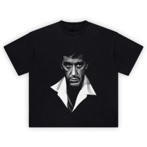 Scarface Shirt with black-and-white halftone portrait, sharp white collar, and chain