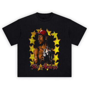 Allen Iverson Shirt with red cap portrait, yellow star ring, stacked chains, and “The Answer” red script
