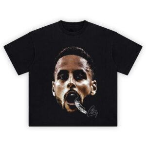 Steph Curry Shirt close-up halftone portrait with dangling mouthguard on black