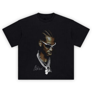 Shai Gilgeous-Alexander Shirt with braided hair, white wraparound shades, and stacked silver chains on black background
