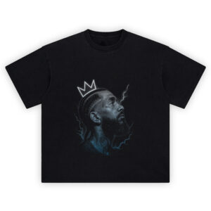 Nipsey Hussle Shirt with crowned profile, blue lightning accents, and crescent moon on black
