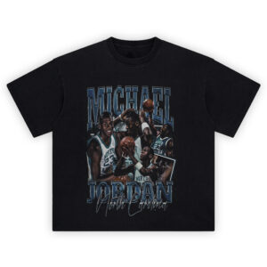 Michael Jordan North Carolina Shirt with Carolina blue action collage, large MICHAEL/JORDAN lettering, and script North Carolina