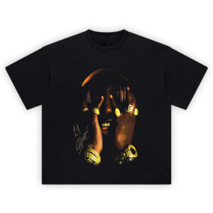 Lil Yachty Shirt with hands to face, gold rings, grillz, red braids, and twin watches on black