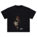 Lil Baby Shirt with intense close-up portrait, diamond stud earring, dark background, and white signature