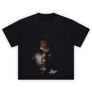 Lil Baby Shirt with intense close-up portrait, diamond stud earring, dark background, and white signature