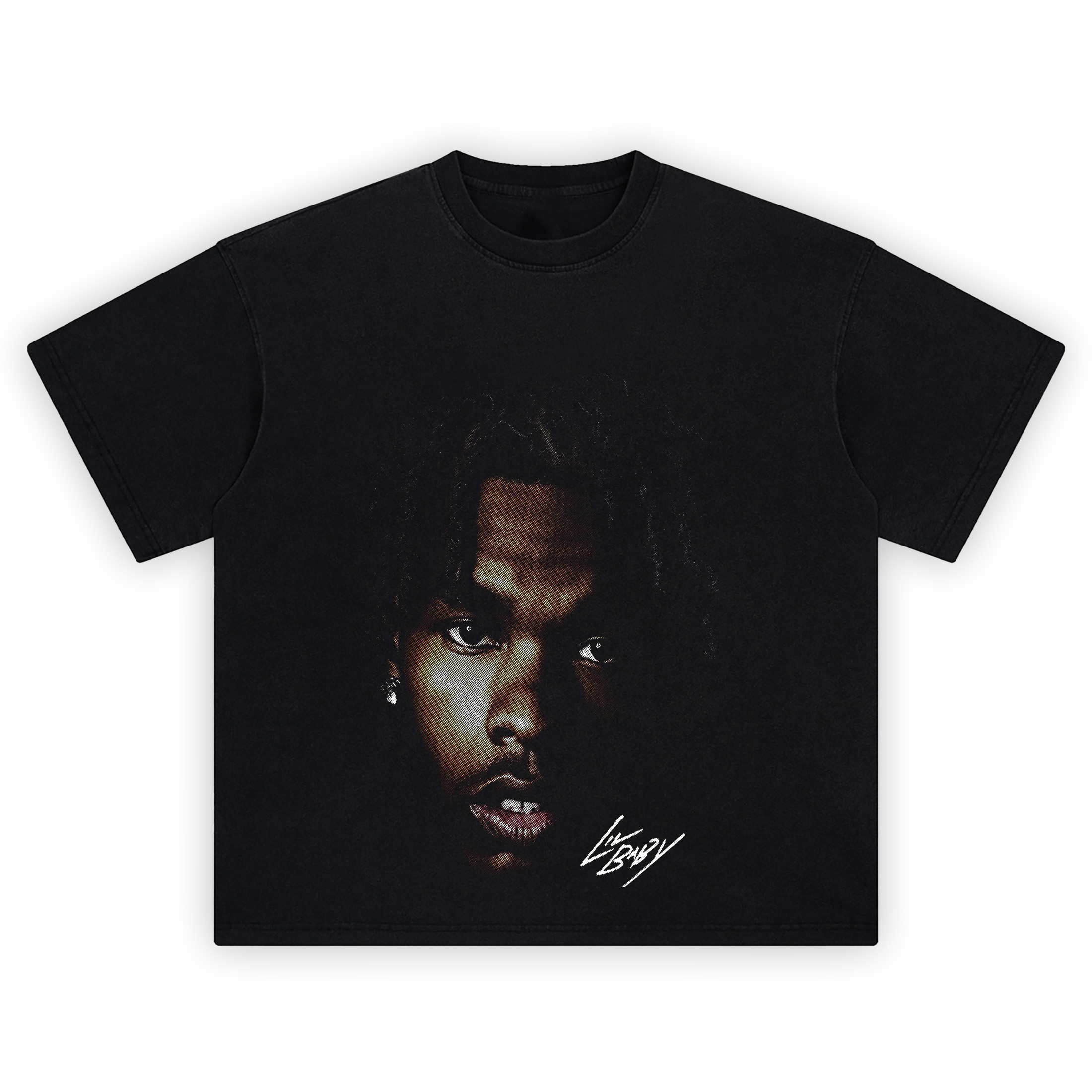 Lil Baby Shirt with intense close-up portrait, diamond stud earring, dark background, and white signature