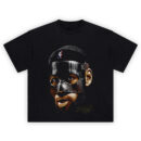 LeBron Mask Shirt with close-up masked face, NBA logo headband, and gold script on black