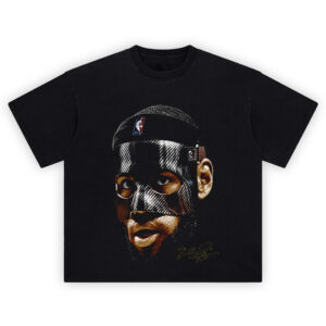 LeBron Mask Shirt with close-up masked face, NBA logo headband, and gold script on black