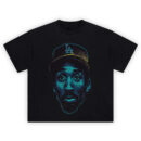 Kobe Bryant LA Cap Shirt with neon blue portrait and gold-edged LA cap on black