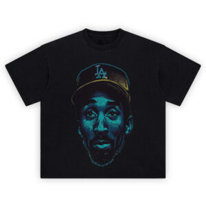 Kobe Bryant LA Cap Shirt with neon blue portrait and gold-edged LA cap on black
