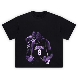 Kobe Bryant Lakers Shirt with purple-toned No. 8 in front, No. 24 in background, hands raised and Lakers script