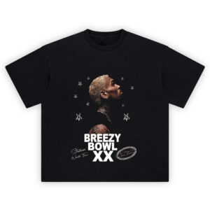 Breezy Bowl XX Shirt with side-profile portrait, white stars, bold “BREEZY BOWL XX” text, and tour script on black