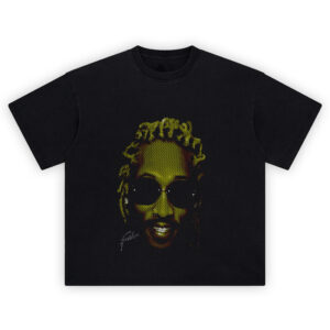 Future Big Face Graphic Tee graphic showing a green-and-gold close-up portrait of Future with round dark sunglasses, dreadlocks, and a small white signature detail on a black tee.