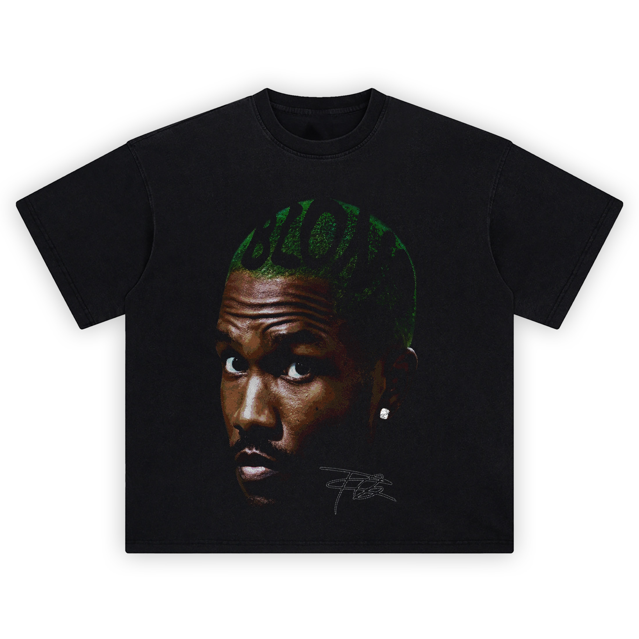 Blond Big Face Tee graphic showing a close-up portrait with green hair featuring the word “BLOND,” a stud earring, and a signature-style detail on a black tee.