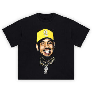 yellow cap Chris Brown shirt portrait with white emblem and gold chains