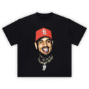 red cap Chris Brown shirt portrait with white emblem and gold chains