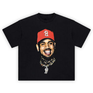 red cap Chris Brown shirt portrait with white emblem and gold chains