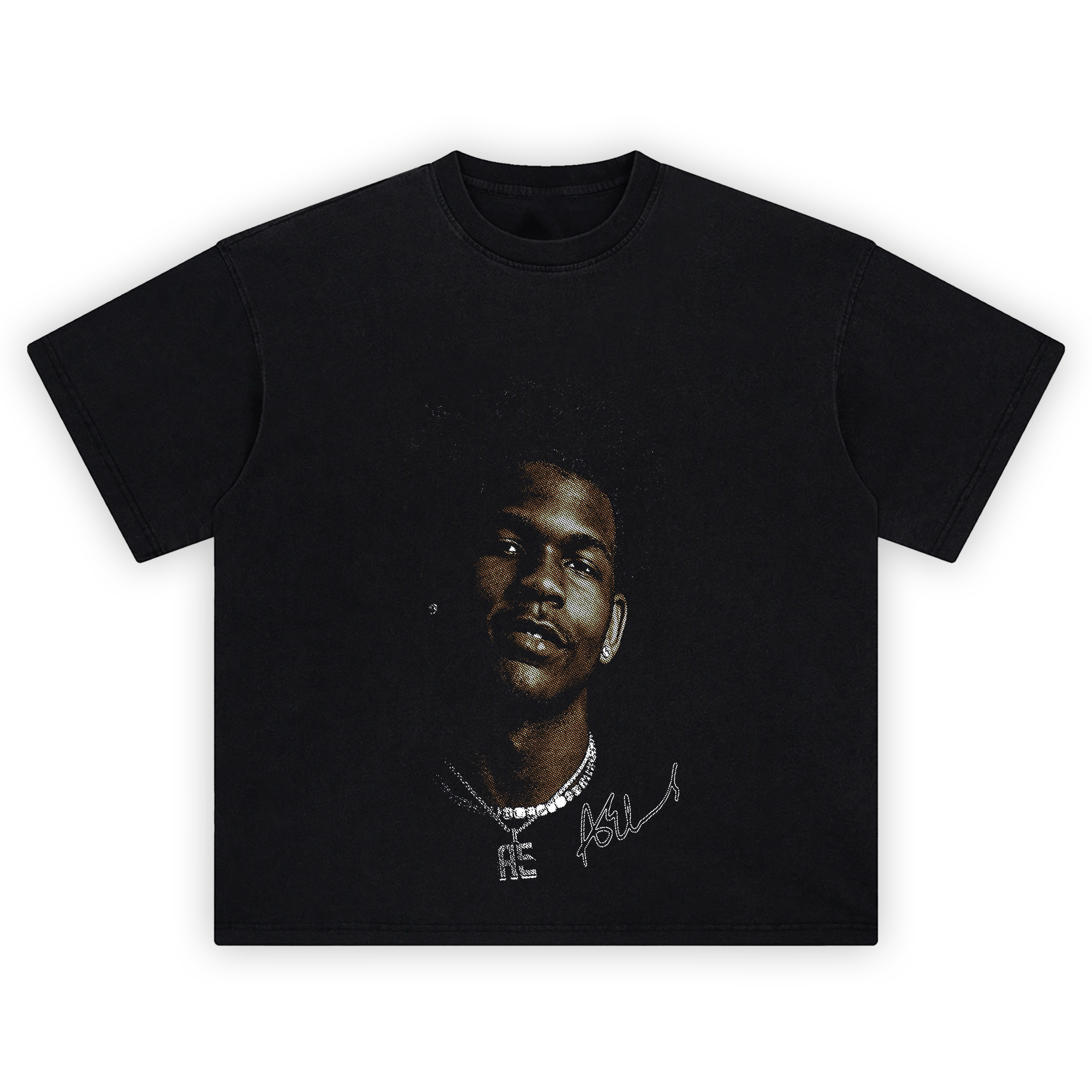 Anthony Edwards Shirt portrait with gold highlight, AE pendant, and signature mark