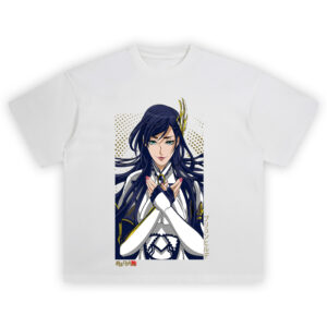 Brunhilde Anime Shirt with blue-haired heroine, winged headdress, crossed hands, and gold dot backdrop