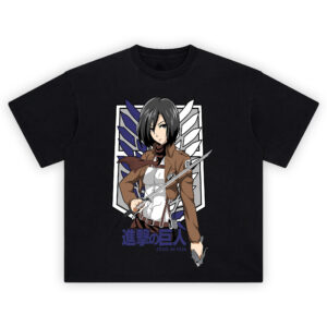 Mikasa Ackerman Shirt with Wings of Freedom crest, scarf, dual blades, and kanji text