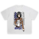 Mikasa Ackerman Shirt with Wings of Freedom crest, scarf, dual blades, and kanji text