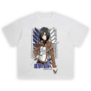 Mikasa Ackerman Shirt with Wings of Freedom crest, scarf, dual blades, and kanji text