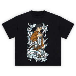 Captain Levi Shirt with vertical kanji, twin blades, ODM gear, and swirling smoke frame
