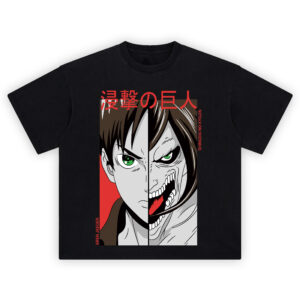 Eren Jaeger Split Face Shirt with human and Titan halves, red background, kanji title