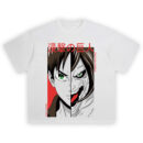 Eren Jaeger Split Face Shirt with human and Titan halves, red background, kanji title