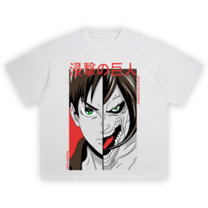 Eren Jaeger Split Face Shirt with human and Titan halves, red background, kanji title