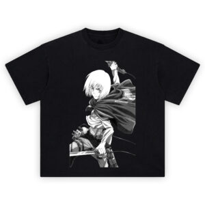 Armin Arlert Shirt with grayscale manga pose, Survey Corps cape, ODM gear, and dual blades