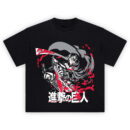 Levi Ackerman Shirt with airborne slash, gray cape, red blood splashes, and large white kanji title