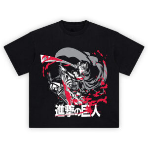 Levi Ackerman Shirt with airborne slash, gray cape, red blood splashes, and large white kanji title