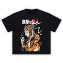 Attack on Titan Shirt with kanji title, red splatter, and lightning around orange-clad character profile